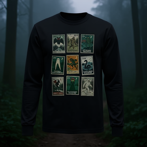 Cryptid Monster Stamps Camiseta de manga larga unisex para adultos talla mediana diseño negro - Product Image 3