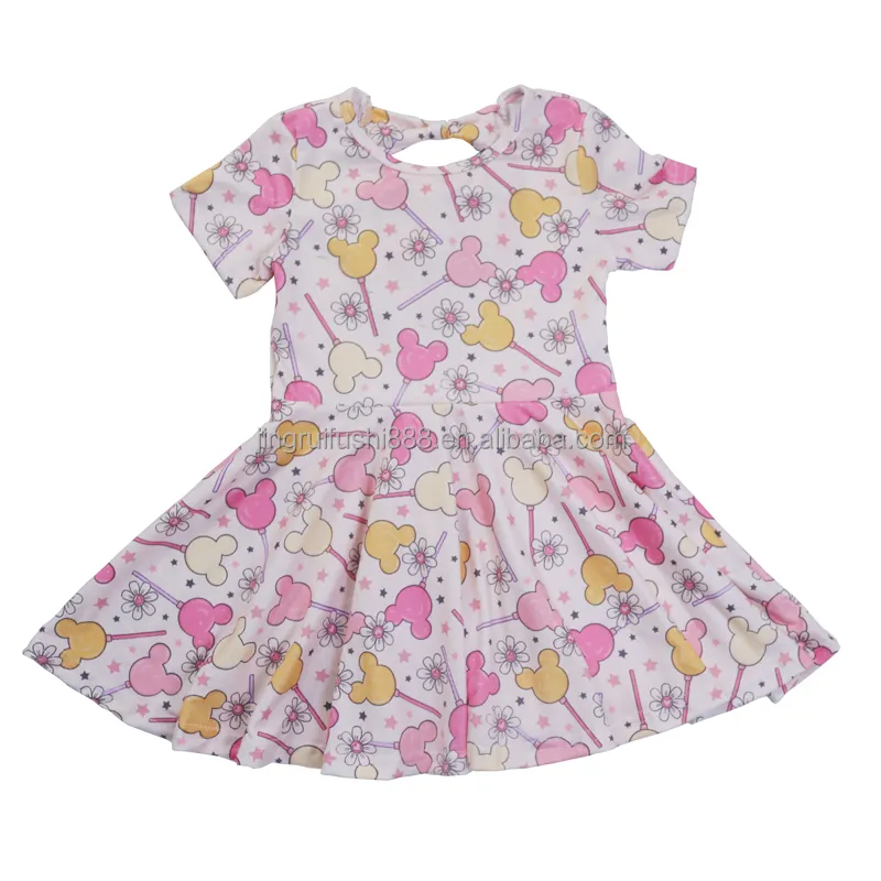 New Arrival Custom Flower Cartoon Pattern Print Baby Girls A Line Milk Silk Dress Boutique Kids Short Sleeve Casual Bow Dresses