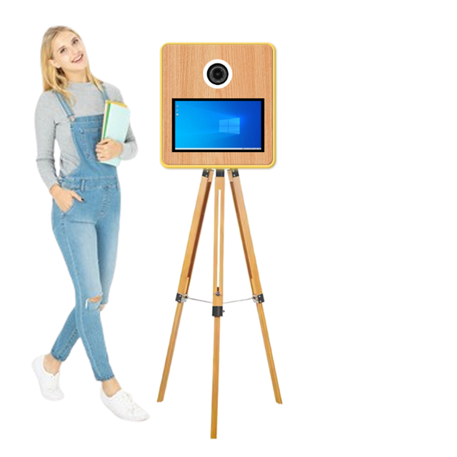 15.6 Inch Vintage Wooden Photo Booth Built-in Mini PC for Smartphones iPad Instant Print Self Service SLR Camera Kiosk for Party