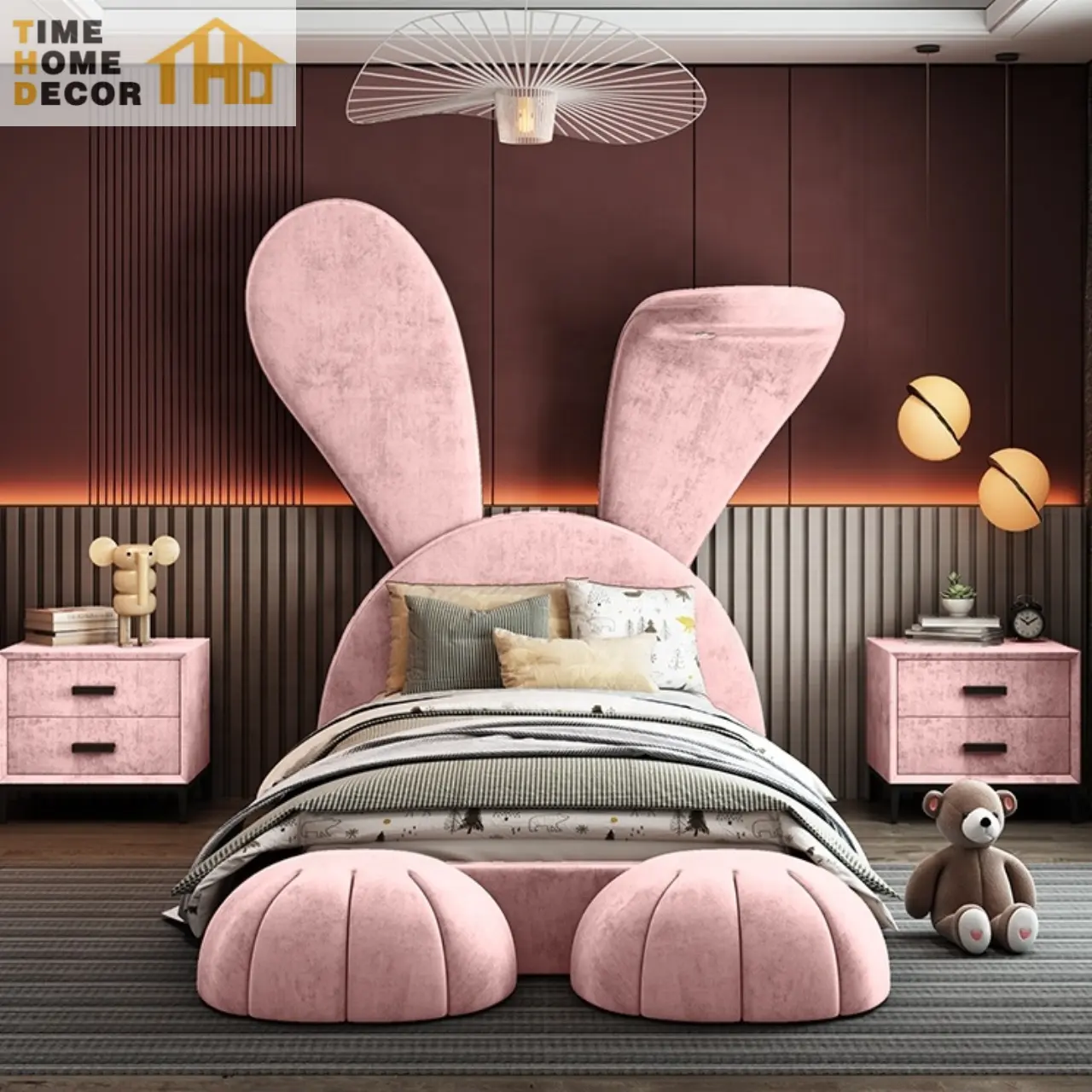 Nuevos muebles de dormitorio para niños, dormitorio de princesa rosa para niñas, diseño de conejo, cama para niños, tela tapizada, camas de conejito para niñas de cuero