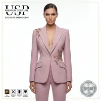 Ensemble tailleur deux pièces pour femme, blazer brodé or rose, pantalon slim, élégant, rose poudré, de qualité supérieure, sur mesure, Jinyuan