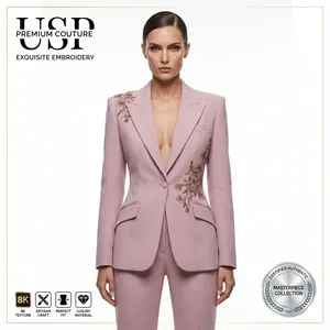Ensemble tailleur deux pièces pour <span class=keywords><strong>femme</strong></span>, blazer brodé or rose, pantalon slim, élégant, rose poudré, de qualité supérieure, sur mesure, Jinyuan - Product Image 1
