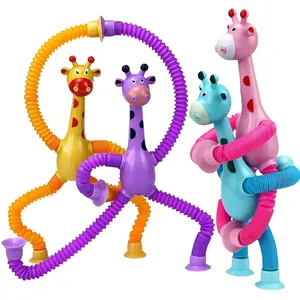 Fun Telescopic Giraffe Suction Cup Toy LED Light Up Plastic Tubes Fidget Toys