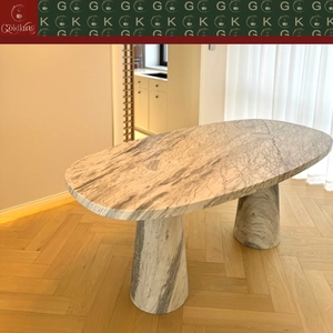 Table à manger ovale GOLDKING pour la salle à manger moderne, en <span class=keywords><strong>marbre</strong></span> veiné gris clair, base monolithique à double cône, OEM ODM Direct - Product Image 2