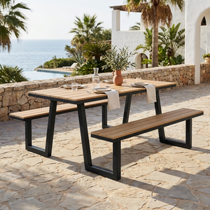 Mesa de <span class=keywords><strong>Picnic</strong></span> Integrada Moderna con Bancos, Listones de Plástico Imitación Madera, Estructura de Acero con Recubrimiento en Polvo, Resistente, Juego de Comedor para Exteriores, para Parque o Villa - Product Image 1