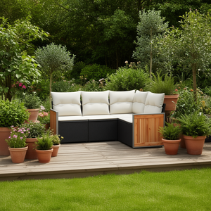 Ensemble de canapés de jardin noir et crème avec coussins, mobilier d'extérieur résistant aux UV, rotin PE, design contemporain - Product Image 2