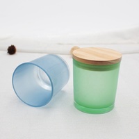 LANGXU Bougeoirs en verre dépoli de haute qualité 10oz bleu design de Noël avec couvercles en bois élégants petits bougeoirs lanternes