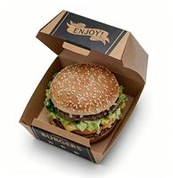 Boîte à hamburger carrée jetable en kraft pour emporter, OEM, restauration rapide, impression quadricolore, écologique, biodégradable, recyclable, papier artistique