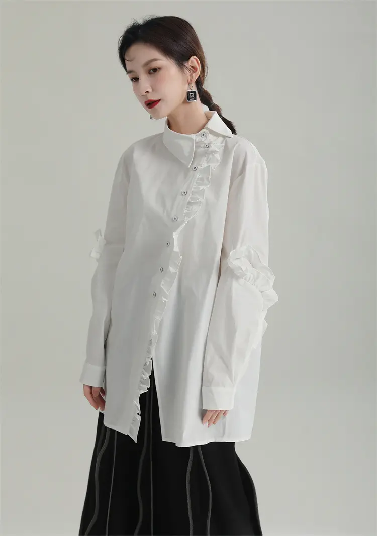 Spring Autumn Plus Size Chic Casual Blouse Ruffled Long-Sleeved Shirt Chinese-Style Asymmetrical Collar Mid-Length Shirt