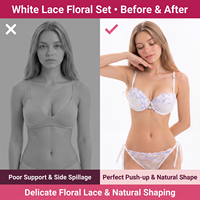 Set Lingerie Bra Renda Putih dan Thong Ikat Samping Bordir Bunga Mesh Cup Kawat dengan Tepi Bergelombang Pakaian Dalam Wanita