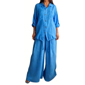 Women's Linen 2 Piece Set - Button <b>Down</b> Drawstring Shirt & Wide Leg <b>Pants</b> Outfit Womens Clothes Womens Sets Fashion - Product Image 3