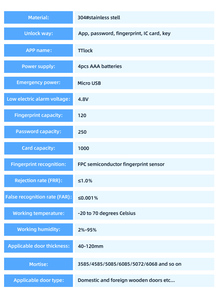 กุญแจล็อคอัจฉริยะกันน้ำ IP65 ทนความร้อน วัสดุ SUS304 พร้อมระบบแจ้งเตือนแบตเตอรี่ต่ำ สำหรับประตูอพาร์ทเมนท์ภายนอกอาคาร - Product Image 6