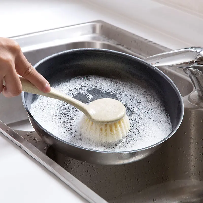 2023 Produtos quentes cozinha trigo palha prato pote prato lavagem limpeza escova com alça longa
