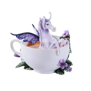 수지 마술 나비 유니콘 앉아 꽃 차 컵 탁상 동상