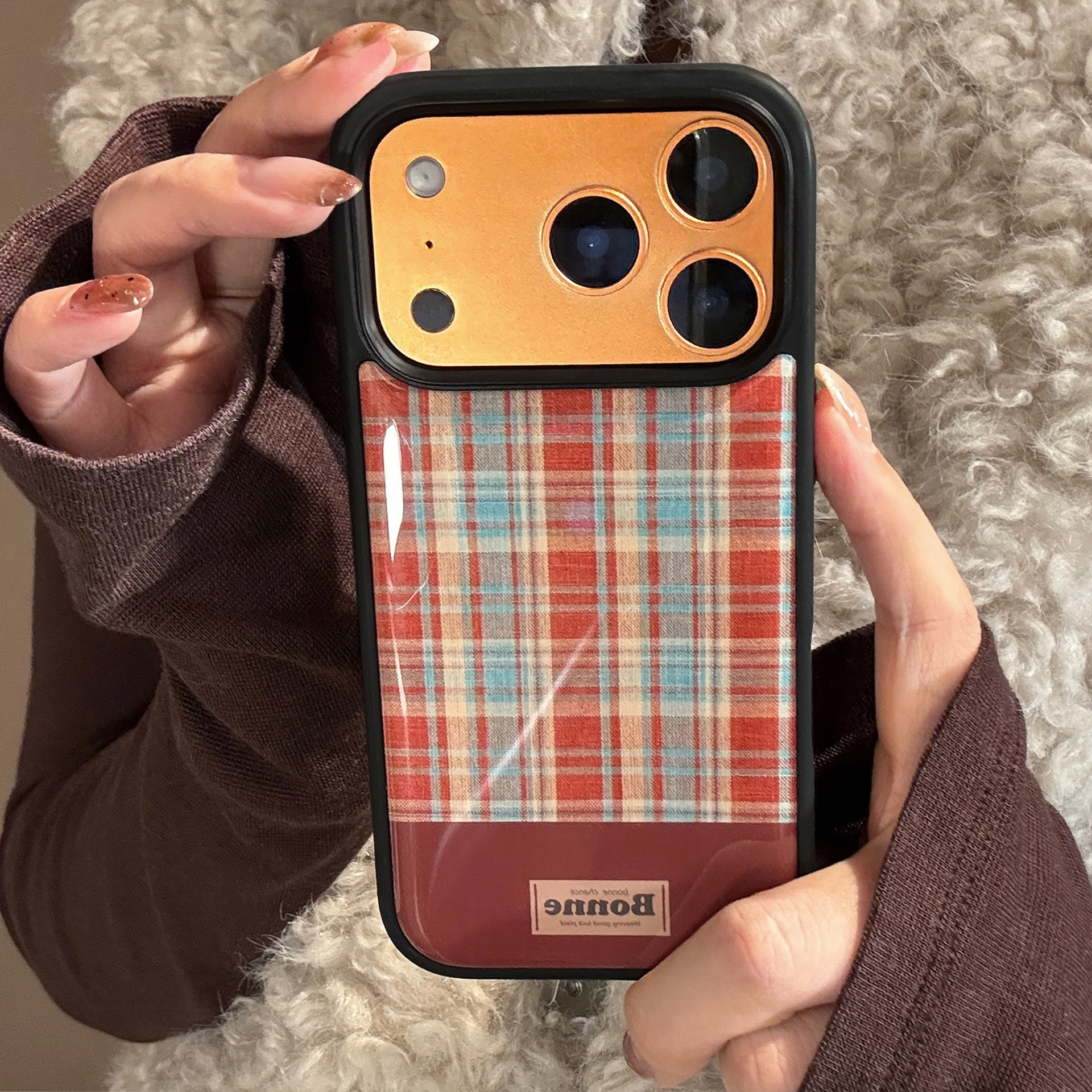 Black, wine red, and blue plaid