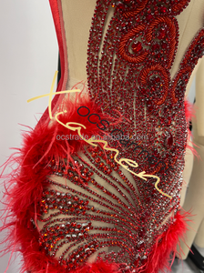 Robe de bal de promo pour adolescentes, robe de soirée longue sans manches en cristal rouge de style tapis rouge, avec plumes, transparente, scintillante et brillante - Product Image 6