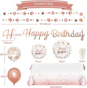 Set per Festa <span class=keywords><strong>di</strong></span> <span class=keywords><strong>Compleanno</strong></span> Oro Rosa con Striscione 'Happy Birthday', Ghirlanda <span class=keywords><strong>di</strong></span> Glitter, Piatti e Bicchieri, Tovaglia e Palloncini - Product Image 4