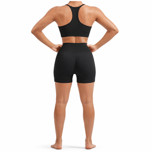 Conjunto Deportivo de 2 Piezas para Mujer, Sujetador Deportivo Racerback, Pantalones Cortos de Cintura Alta, Color Negro Sólido, Sin Costuras, Elástico en 4 Direcciones, Conjuntos de Yoga - Product Image 3
