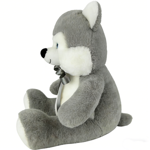 Peluche de Husky Gris y Blanco con Cinta de Satén - Peluche Grande y Esponjoso de Ojos Azules, Regalo para Niños para Acunar en la Hora de Dormir - Product Image 1