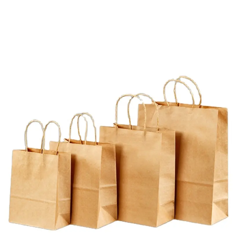 Logotipo barato reciclável impresso liso forte comida presente compras natural marrom sacos de papel adesivo com alças torcida