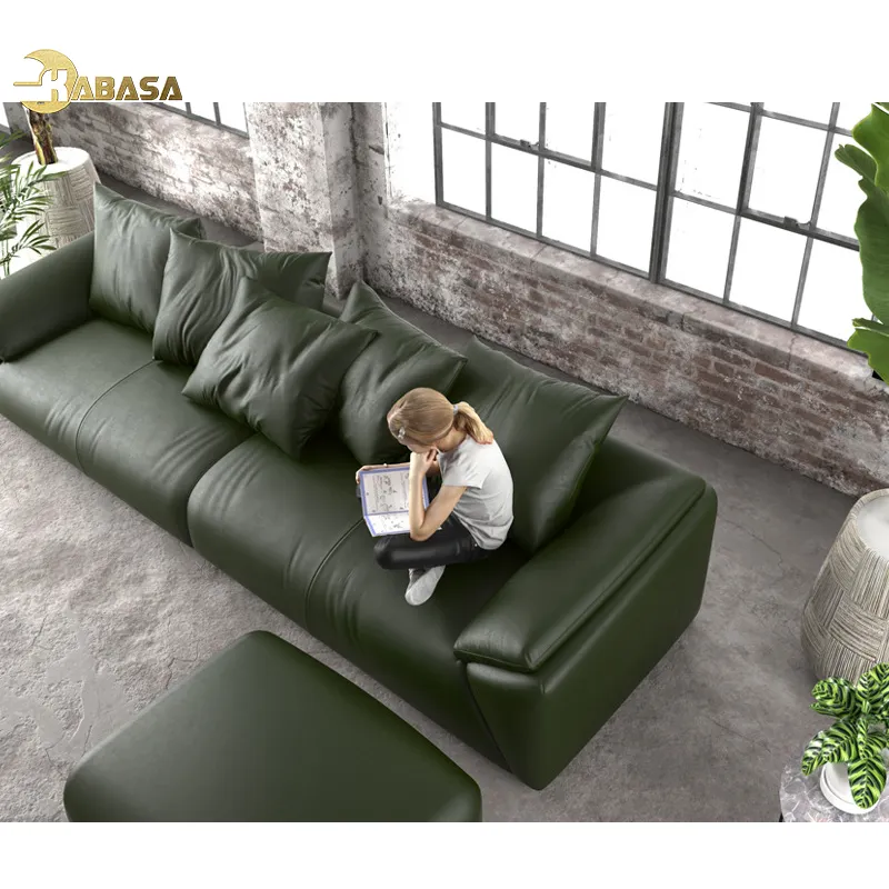 High quality Olive green real leather big sofa 4 seat modern couch set