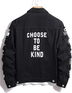 Veste en jean noire pour homme, style streetwear hip-hop, avec logo personnalisé, patchwork déchiré, effet usé, tissu épais, style varsity. - Product Image 2