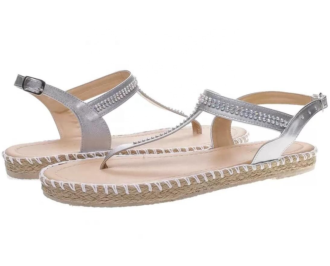 new fashion Women's T-strap sandal with fancy rhinestones flats ladies jute shoes espadrilles shoes
