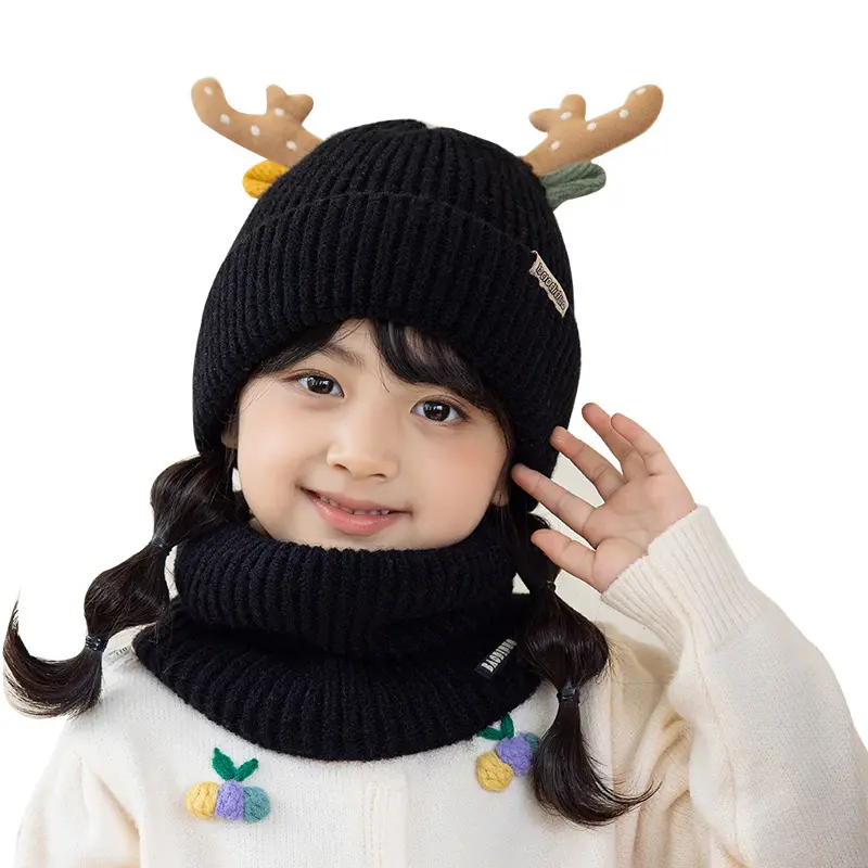 Factory Direct Sale Winter Kids Hat and Scarf Set Thickened Warm Knitted Woolen Cotton Pullover Hat with Custom Logo