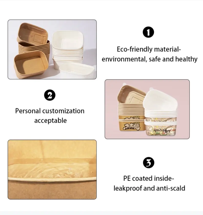 Экологичный одноразовый прямоугольный бумажный контейнер с крышками, прямоугольная бумажная чаша