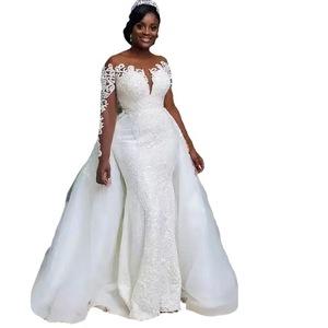 <b>White</b> <b>Lace</b> Mermaid Wedding Dress Sweetheart Neckline Long Sleeve Natural Waist <b>White</b> Color Polyester Fabric Adult Bridal Gown - Product Image 4