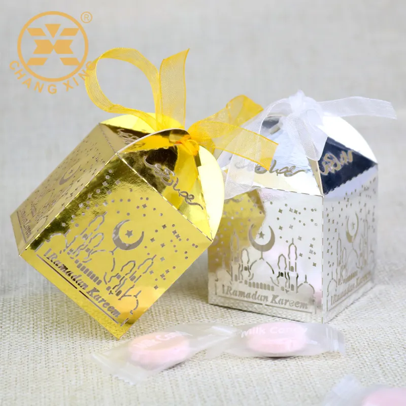 मिनी कागज उपहार रिबन उपहार बॉक्स सोने चांदी सोना इस्लामी सजावट रमजान मुबारक कैंडी बॉक्स ईद उपहार बक्से