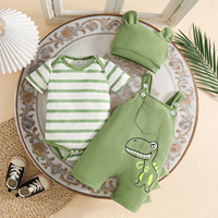 Conjunto de 2 piezas de verano para bebés: camiseta de algodón transpirable con tirantes y sombrero, y pantalones cortos de dinosaurio a rayas con diseño de triángulo.