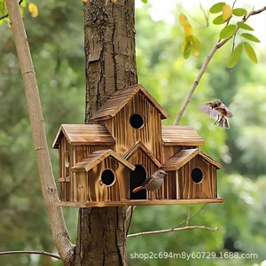 Nichoir rustique en bois massif style villa à fixer sur arbre, décoration de jardin, petite taille pour oiseaux - Product Image 3