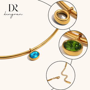 Collier ras <span class=keywords><strong>du</strong></span> cou ovale en acier inoxydable plaqué or 18 carats Dingran avec zircon, pour femme, coloris champagne, bleu, rose, vert, avec serti clos, vente en gros - Product Image 4