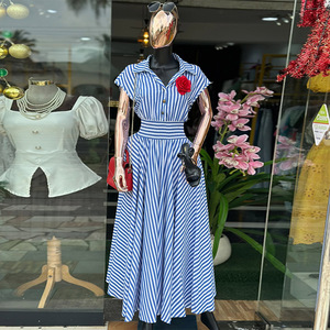 Abito Midi a Maniche Corte a Righe con Colletto Allacciato Elegante e Dolce, Nuova Collezione Primavera <span class=keywords><strong>Donna</strong></span>, Taglie S-2XL, Vendita all'Ingrosso Europa America - Product Image 2