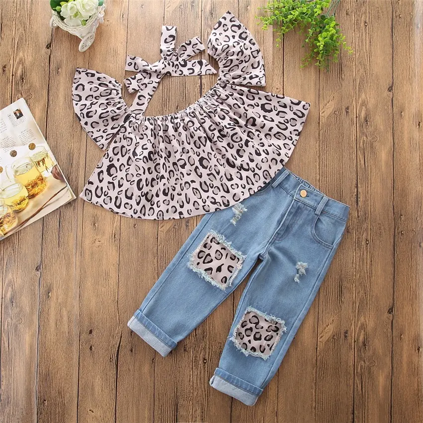 Bebek kız giyim setleri yaz çocuk kıyafetleri fırfır gömlek + kot leopar tane tasarım çiçek kız elbise meksika elbise