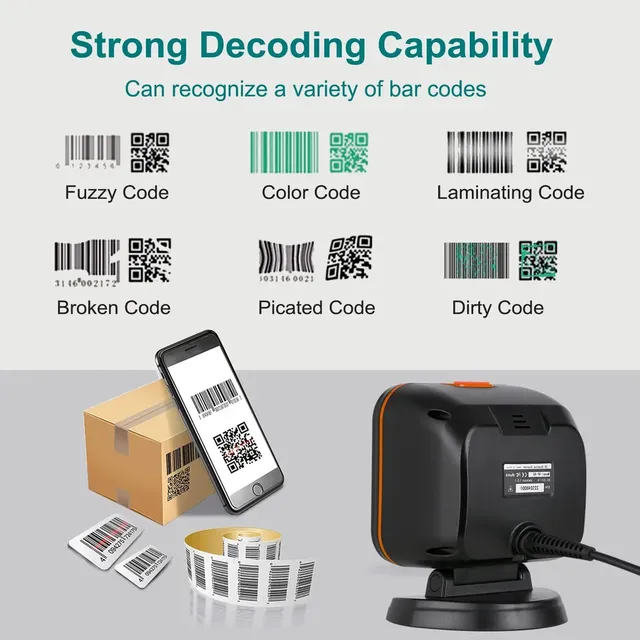 2D Omnidirectional USB Barcode Scanner QR Code Desktop Reader Supermarket Auto Sense Data Matrix PDF417 500 Scans/Sec