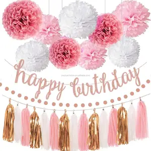 Juego de decoración para fiesta de cumpleaños de oro rosa-banner de feliz cumpleaños brillante de oro rosa, bola de papel de toalla de papel, guirnalda de lunares