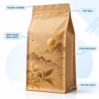 Sachet personnalisé en papier kraft sans fenêtre pour thé Pu'er, scellé sur huit côtés avec marquage à chaud, pour la vente au détail et en gros