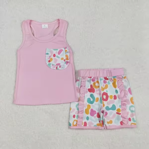 Conjunto Casual de Verano para Niña Pequeña, Ecológico, con Estampado Floral y de Leopardo, Pantalones Cortos con Volantes y Camiseta sin Mangas con Bolsillo, Conjunto de 2 Piezas - Product Image 5