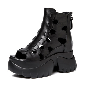 Kadın deri Roma sandaletleri, yaz stili, arkada fermuarlı, kalın tabanlı, boy uzatan, 9CM ultra yüksek topuklu dolgu topuk ayakkabılar - Product Image 5