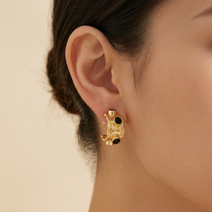 Custom Design Round Cut Black Onyx Apatite Quartz Gemstone Hoops 18k Gold Plated Texture Hoop Brass <b>Earring</b> For Women Jewelry - Product Image 6