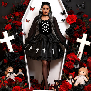 Disfraz de diablo gótico para mujer, vestido negro con cruces, disfraz de Halloween, talla mediana para adultos - Product Image 2