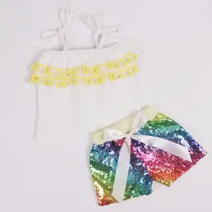 夏の小さな女の子スパゲッティストラップセット子供服2ピースポンポントップスパンコールショート幼児ブティック衣装因果