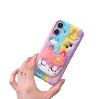 Coque de téléphone portable en silicone 3D licorne arc-en-ciel mignonne avec support rétractable et finition pulvérisée, compatible avec iPhone 16