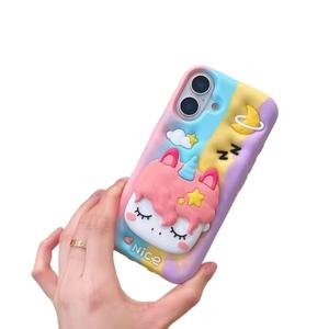 Custodia per cellulare in silicone 3D a forma di <span class=keywords><strong>unicorno</strong></span> arcobaleno con supporto retrattile e finitura spray, compatibile con <span class=keywords><strong>iPhone</strong></span> 16 - Product Image 4