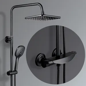 노출 벽걸이 형 3 기능 단단한 황동 욕실 넓은 가을 스타일 샤워 수도꼭지 블랙 싱글 핸들 샤워 세트