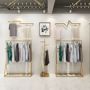 Women Garment Store Interior Decoration Gold Stainless Steel Retail Clothing Shop Racking Display Stand