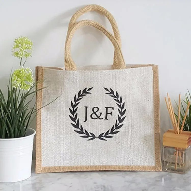 Custom Print Groothandel Standaard Formaat Eco Organische Natuurlijke Souvenir Luxe Bruiloft Jute Zak Stof Tote Tas Voor Gift