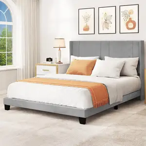 Estructura de cama tapizada, base de cama de plataforma con cabecero de terciopelo beige y Wingback, listones de madera fuertes que soportan el colchón King Size